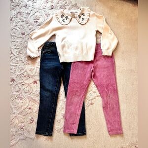 Cream Sweater with Floral Collar and Two Pairs of Pants